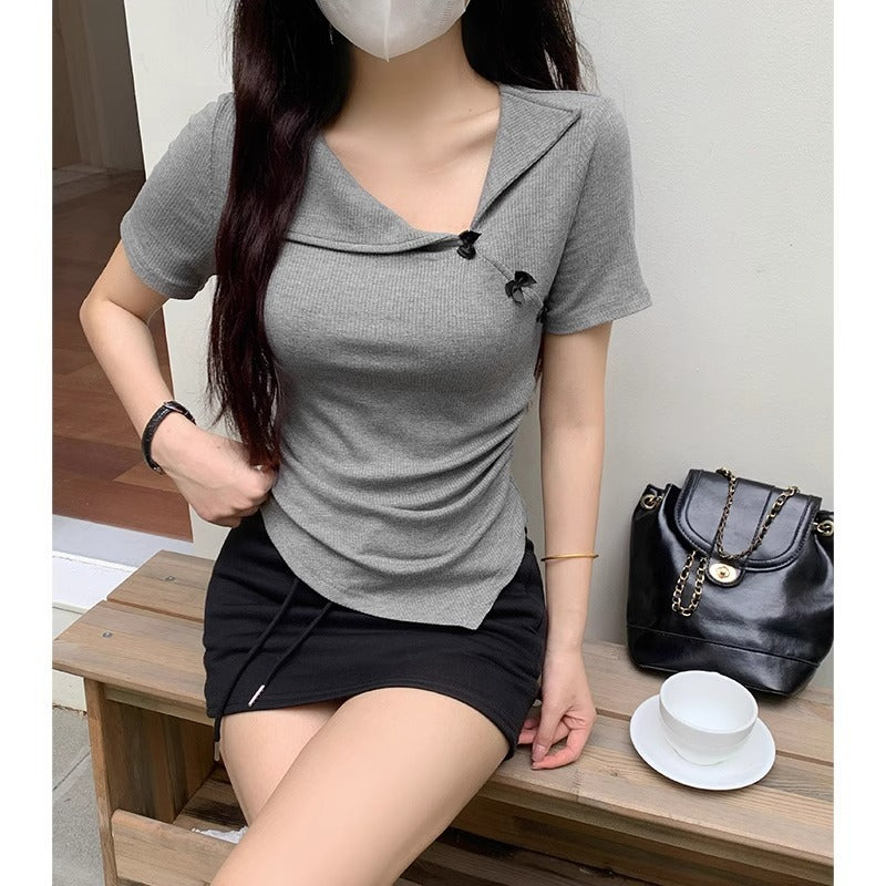 Turn-down Collar Short-sleeve Bow Pleated Waist-cinching Slim-fit T-shirt Top