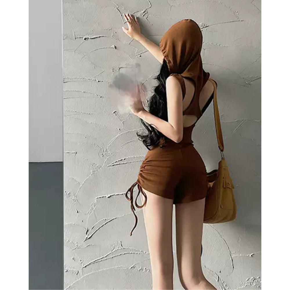 Hooded Drawstring Slim Sleeveless Backless Fitness One-piece Shorts