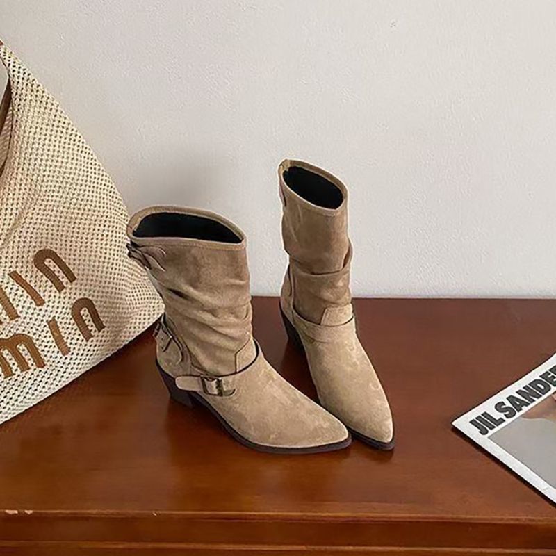 Chunky Heel Pleated Booties For Women