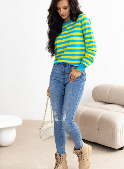 Green Stripe Crew Neck Drop Shoulder Casual Sweater