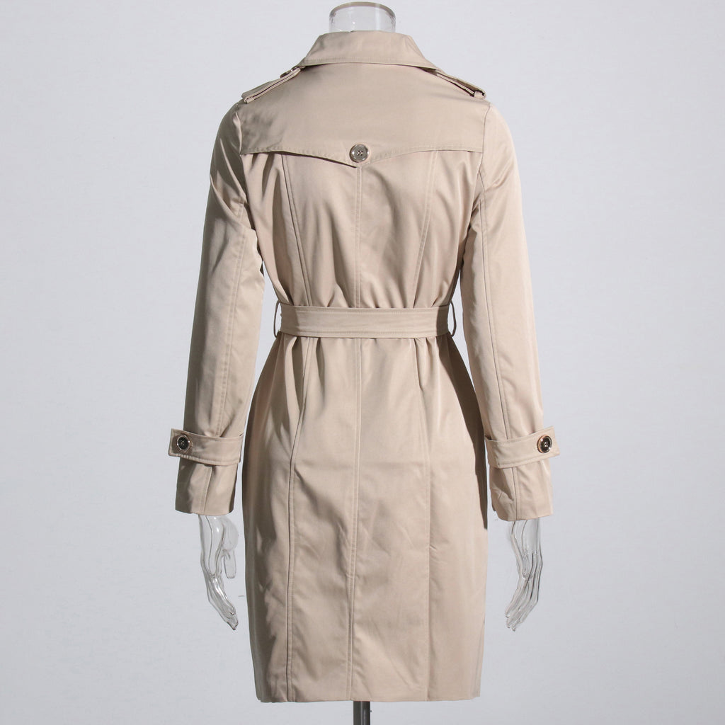 Fashion Solid-Color Long-Sleeve Trench Coat With A Turn-Down Collar And Lace-Up Details