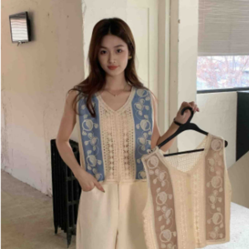 Heavy Industry Crochet Embroidery Denim Waistcoat Vest