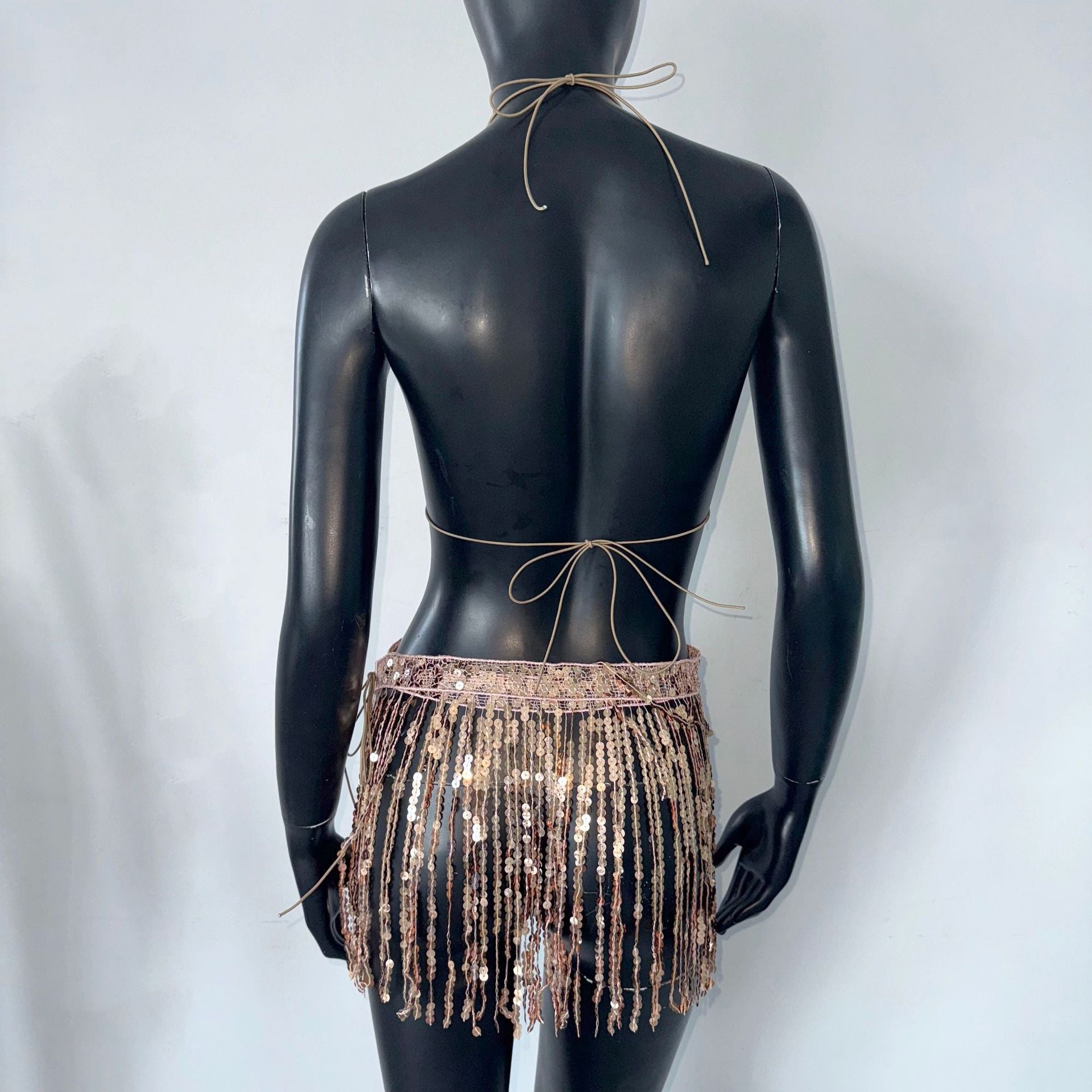Sequin Halter Dress Fishnet Rhinestone Sling