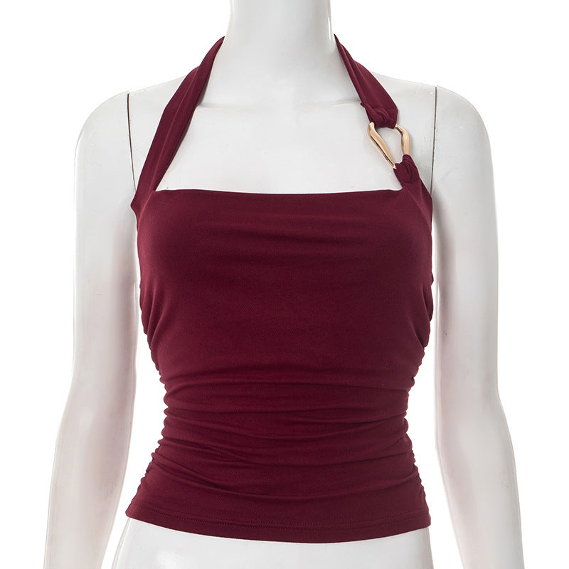 European And American Pure Color Halter Metal Ring Vest Camisole Top