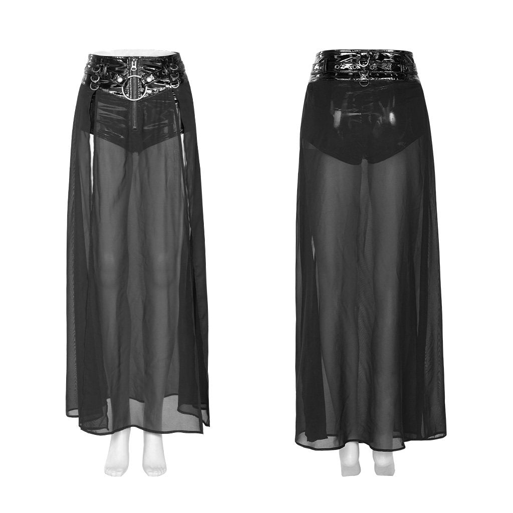 Punk-style Black Mesh Patchwork Faux Two-piece Skirt