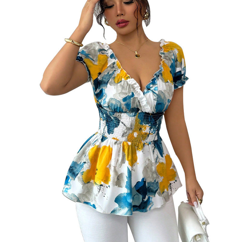 Vacation Deep V-neck Shirt Tie-dye Slim Fit Lady
