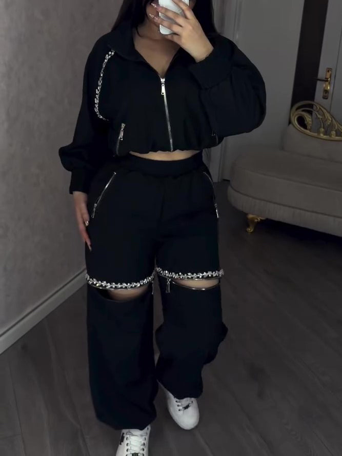 Black Rhinestone Zip-Up Cropped Jacket & Cut-Out Wide Leg Pants 2-Piece Set