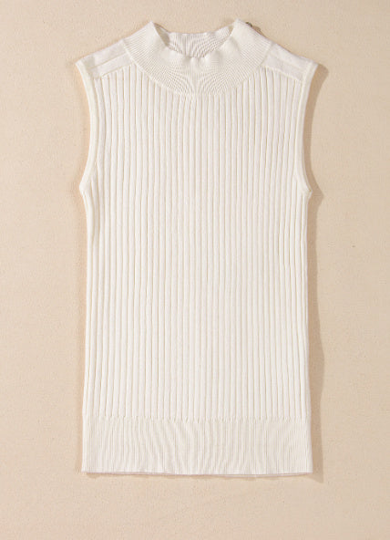 White Ribbed Knit High Neck Sweater Vest
