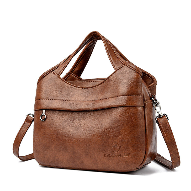 Retro-style Fashionable Patchwork-print Soft Leather Multi-compartment Tote Bag For Women