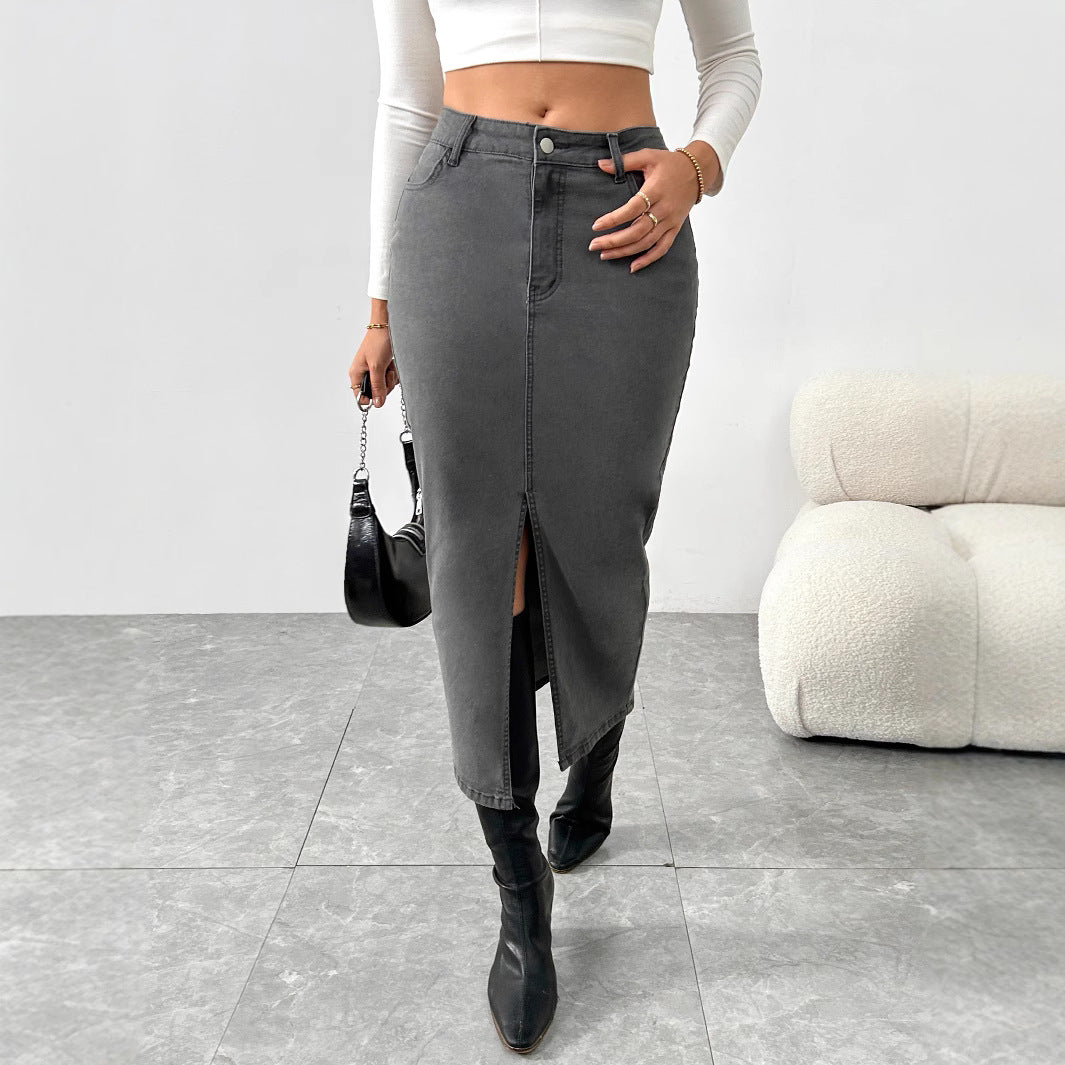 Womens Solid-Color High-Waist Vintage Denim Skirt