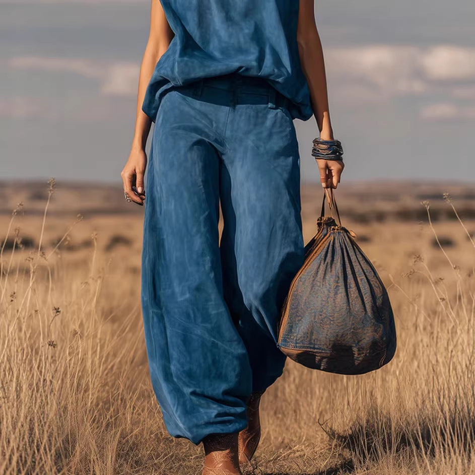 Western-style Sleeveless Wide-leg Cropped Suede Velvet Suit