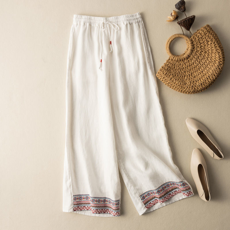 Draping Cotton And Linen Embroidered Wide-leg Pants