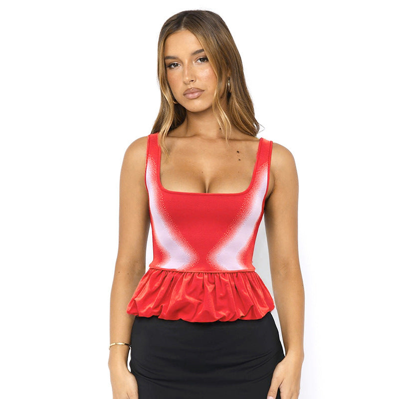 European And American U-neck Contrast-color Ruffled Sexy Vest T-shirt For Women