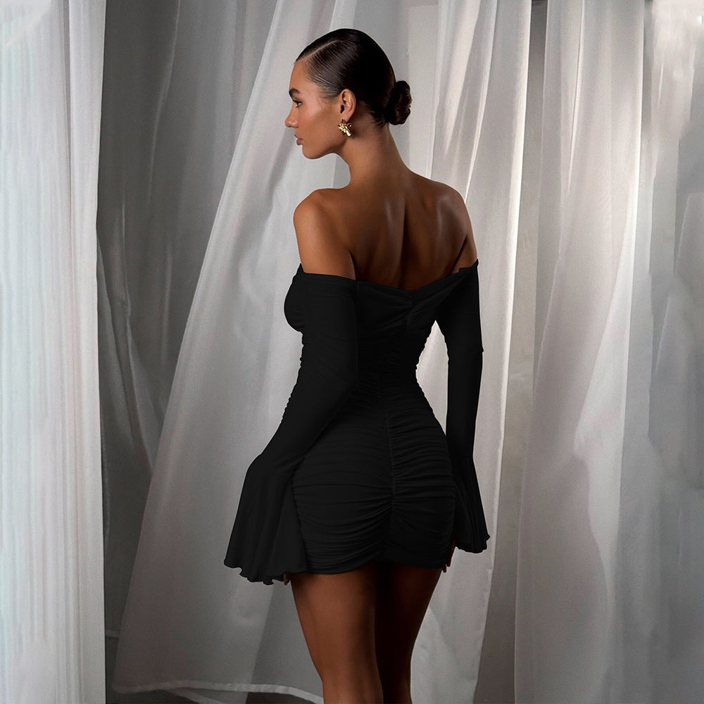 Tube Top Off-neck Sheath Lady Sexy Hot Girl Pleated Long Sleeve Dress