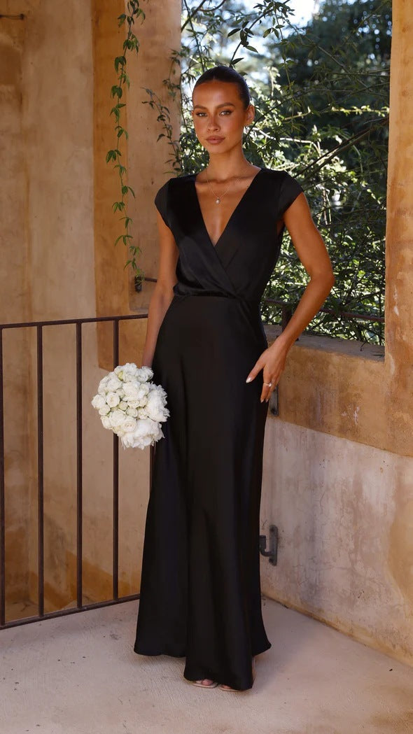 Women's Satin Solid Color V-neck Dress