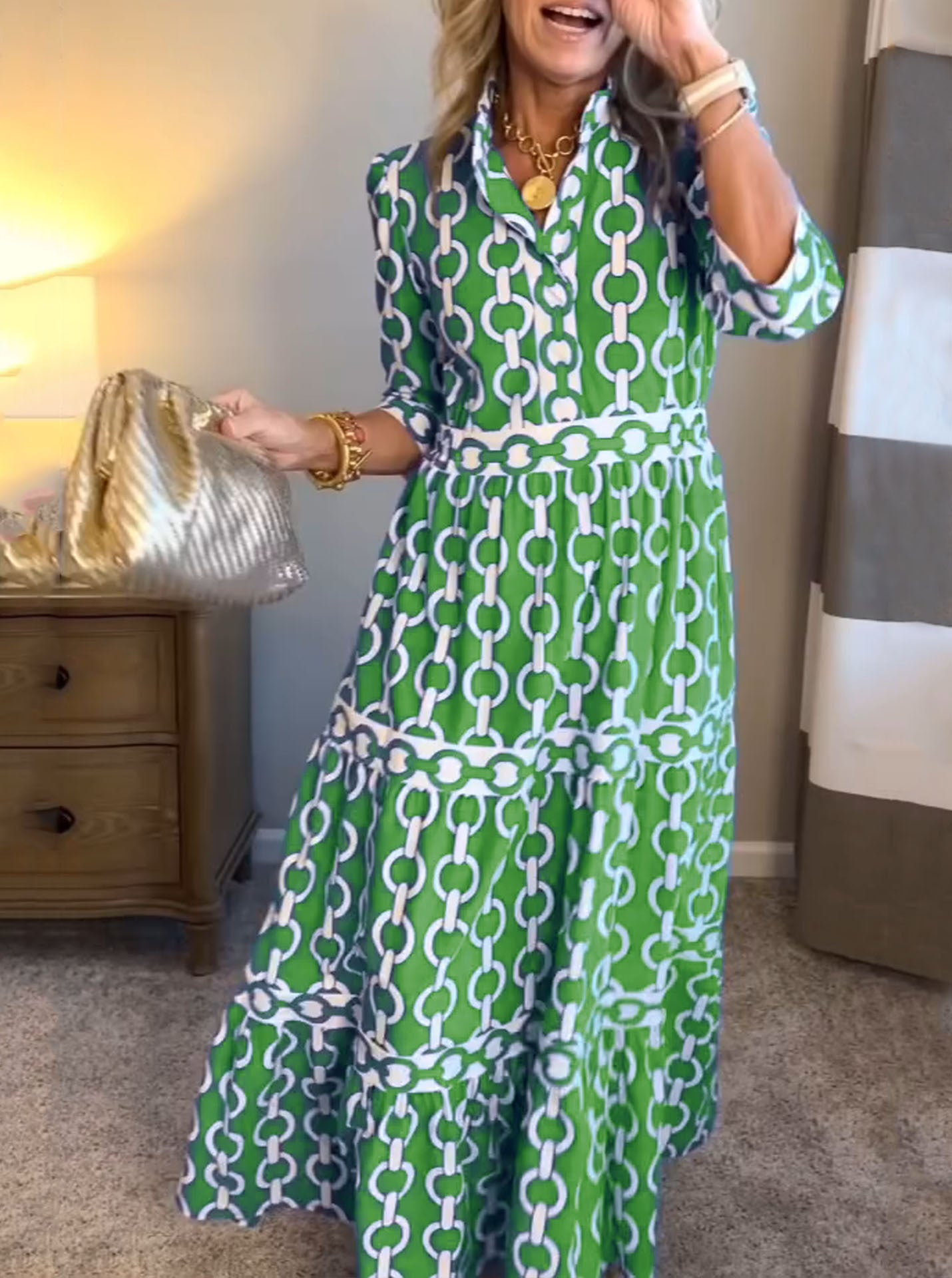 Spring And Summer Geometric Printed Round Neck Women's Maxi Dress