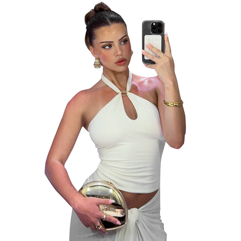 Cross Border Halter Solid Color Metal Ring Backless T-shirt Top