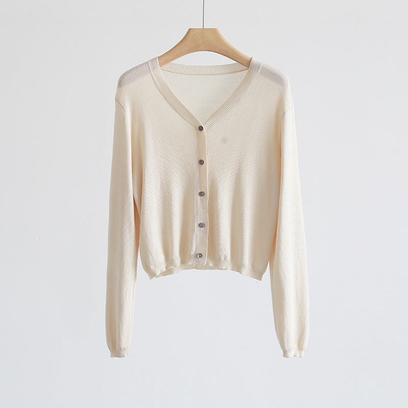 Spring And Summer V-neck Short Tencel Knitted Cardigan Pure Color All-matching