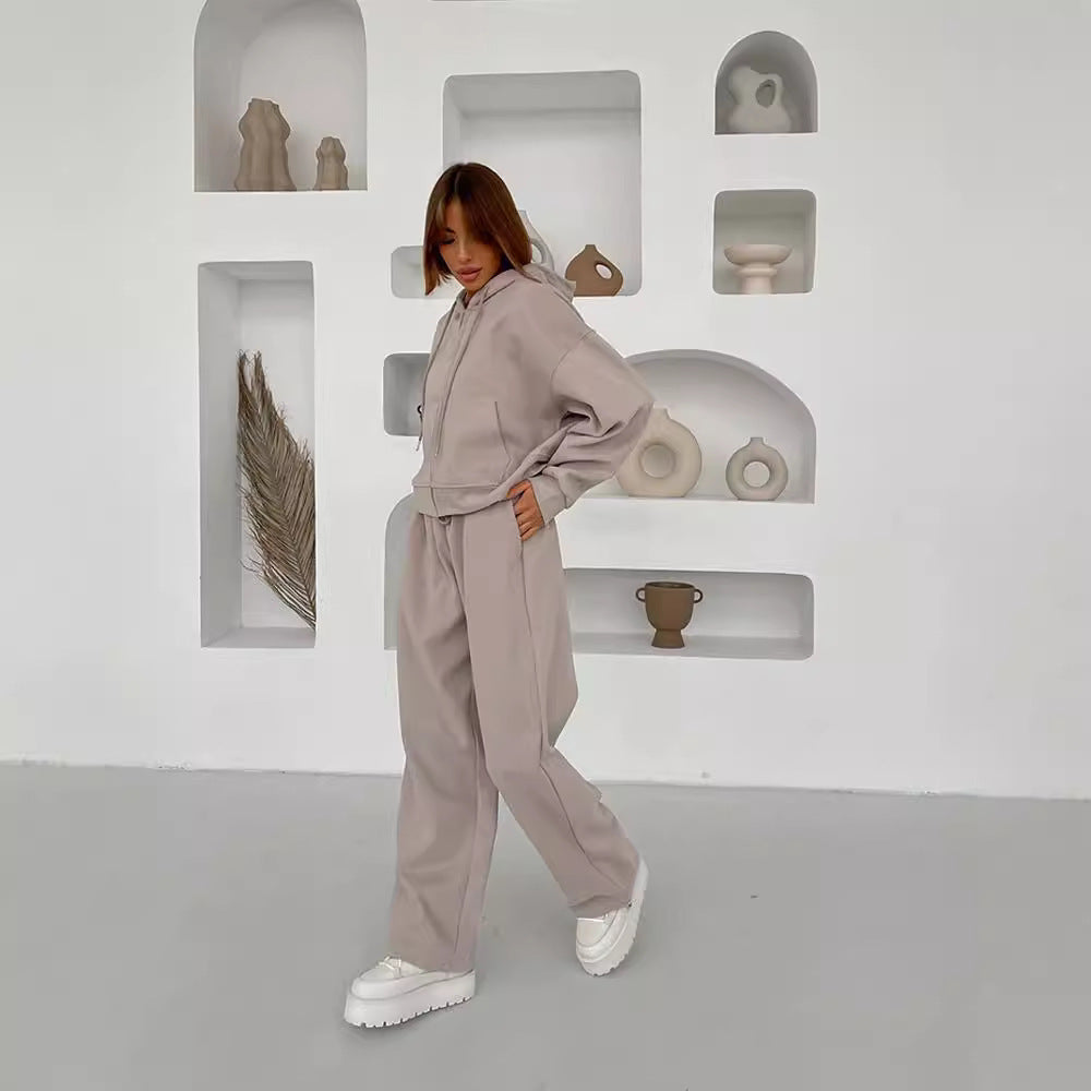 Zipper Hooded Sport Cardigan Lace-up Trousers Two-piece Casual Suit