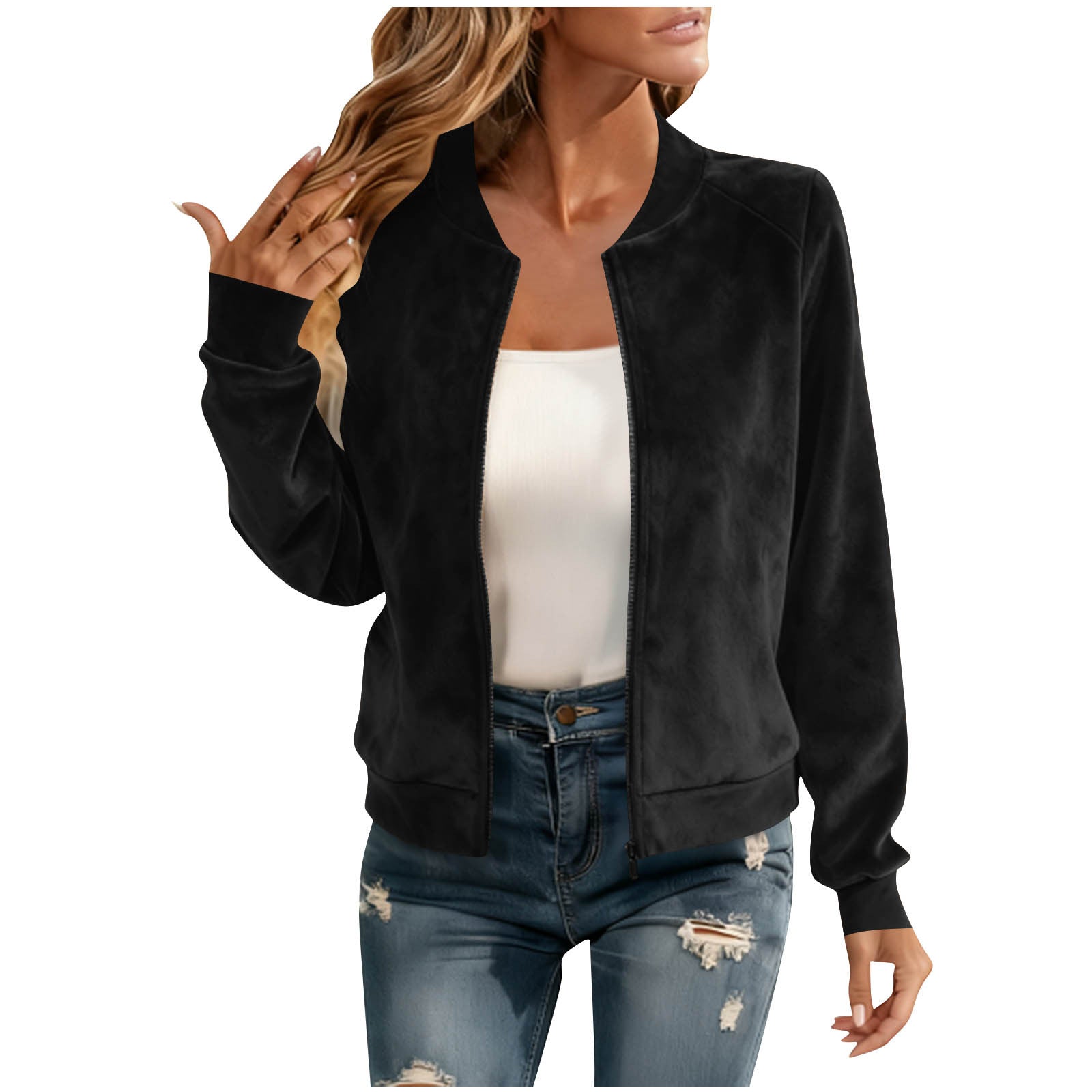 Round-neck Zip-up Deerskin-fleece Short Jacket