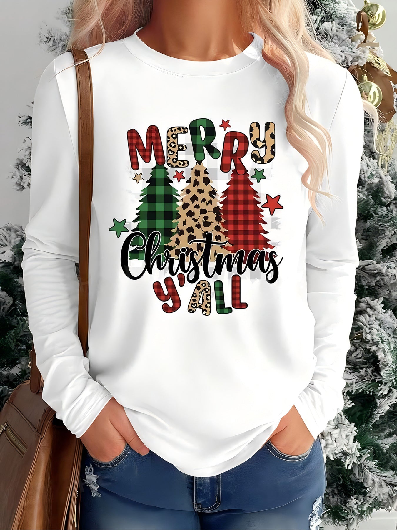 Positioning Printed Pattern Women's Long Sleeved Versatile Round Neck
