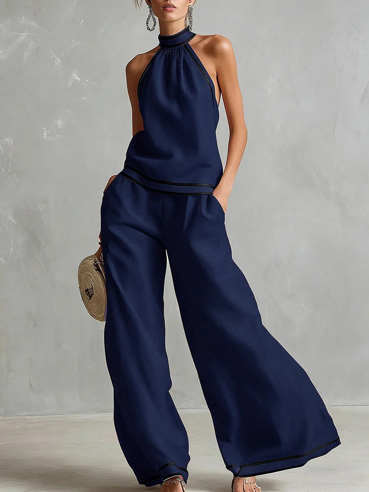 Striped Patchwork Halter-neck Sleeveless Wide-Leg Pants Set