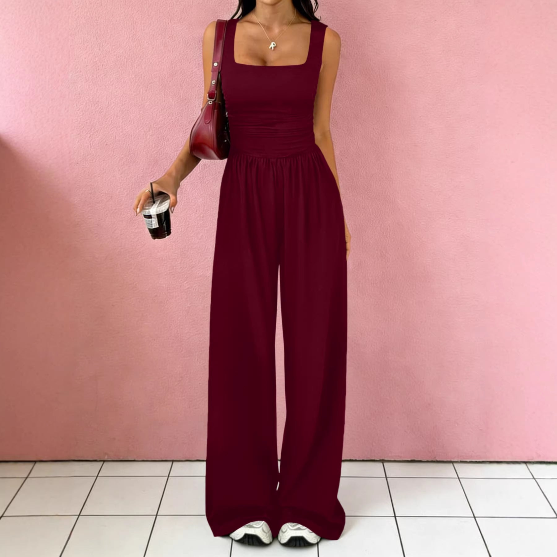 Solid-Color Sexy Tank Top Casual Wide-Leg Pants Two-Piece Set