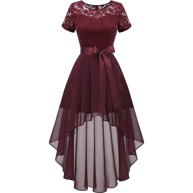 Lace Chiffon Ruffled High Slit Waist Round Neck Evening Dress Skirt
