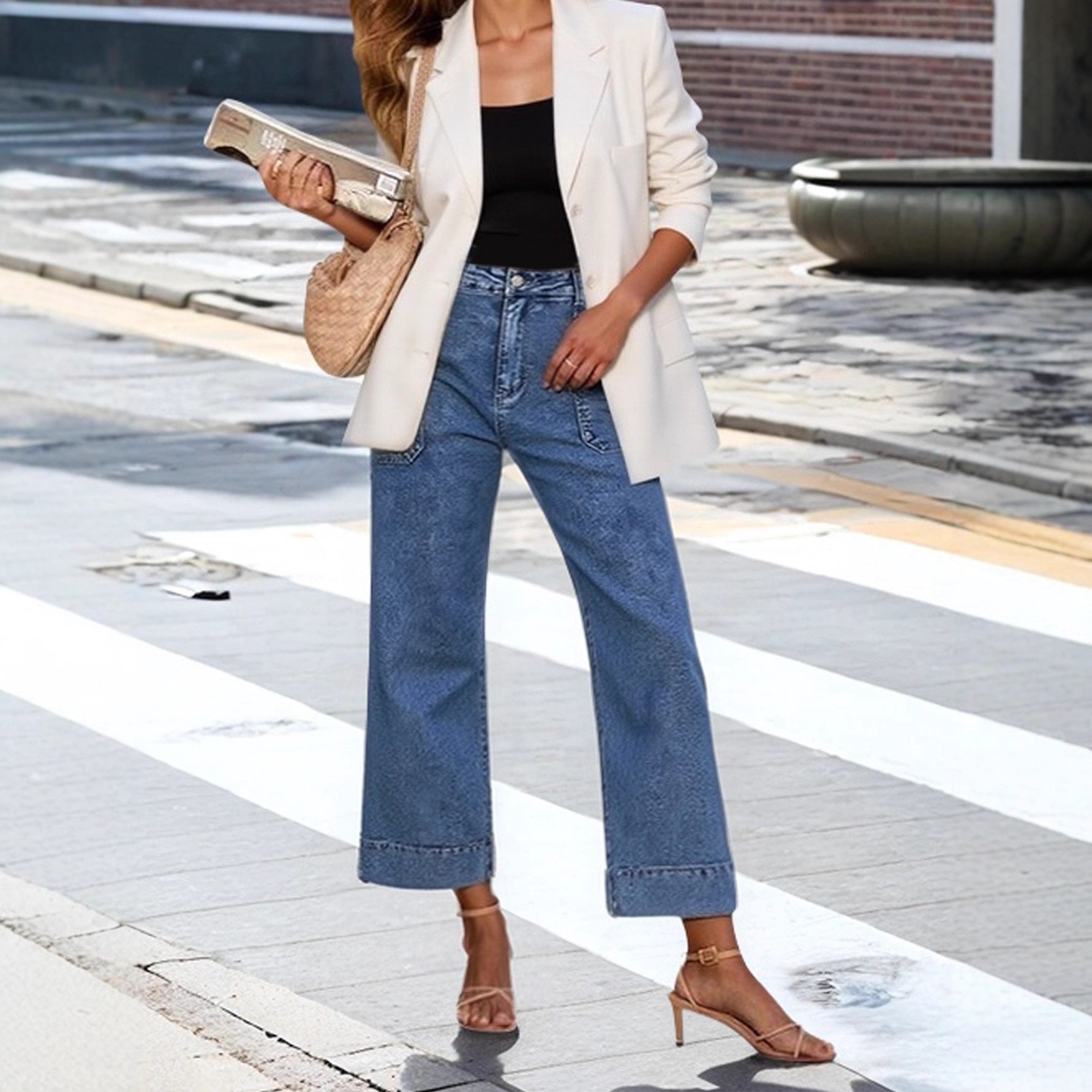French-style Slimming Straight-leg Cropped Wide-leg Pants