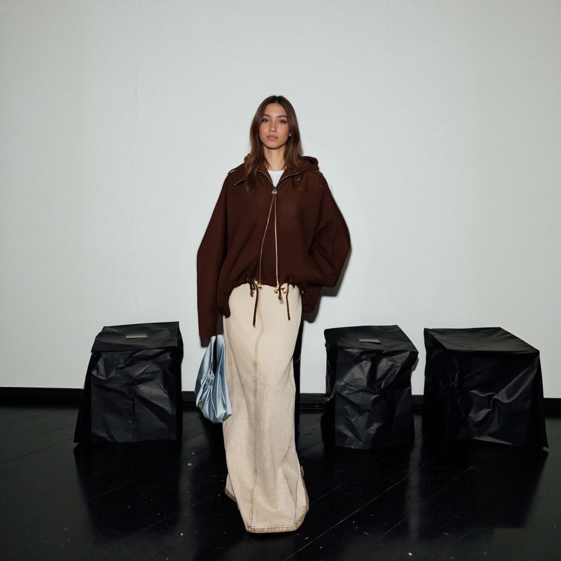 Heavy Embroidery Patchwork Loose Drawstring Silhouette Jacket