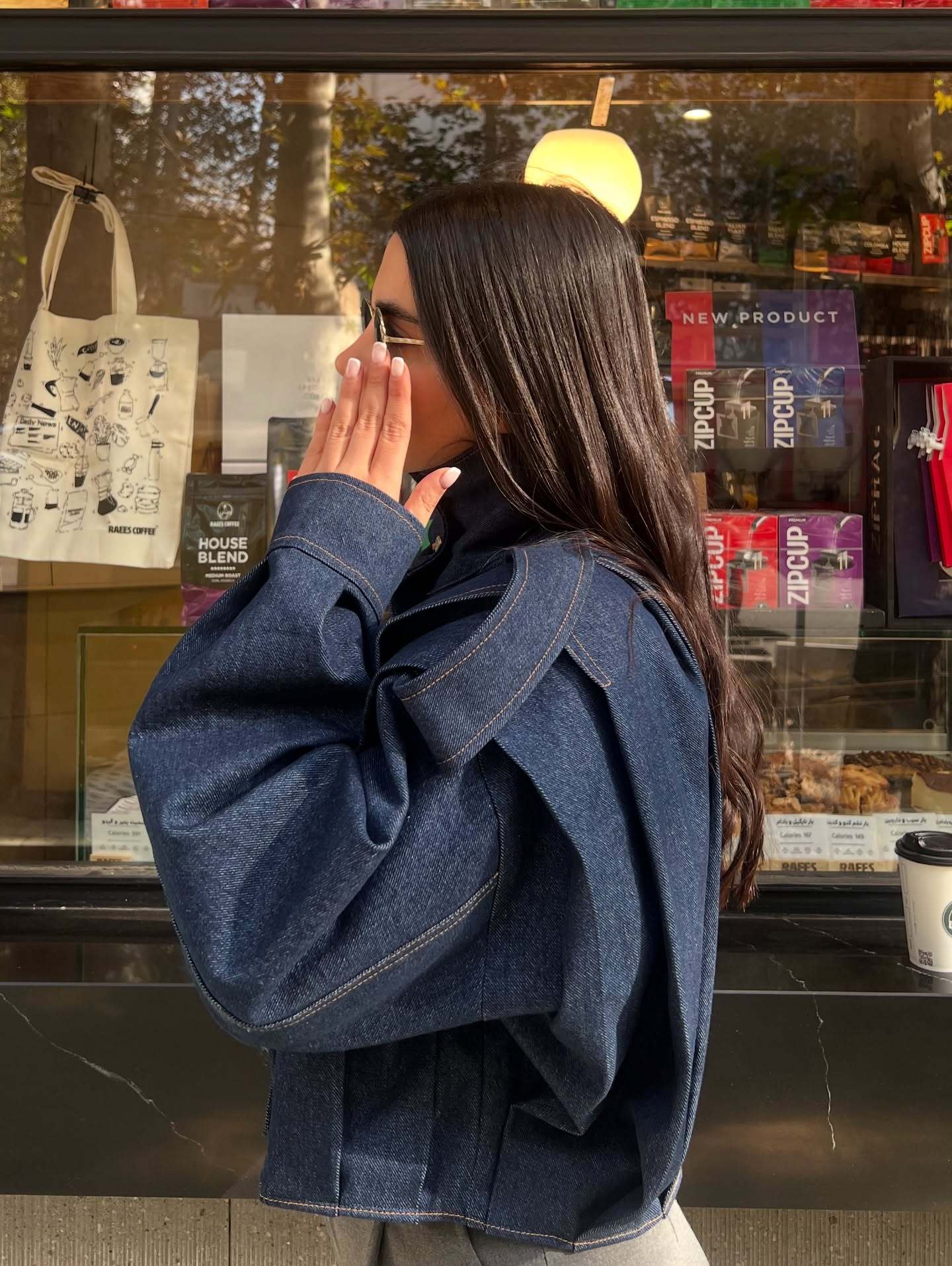 Dark Blue Denim Cropped Jacket With Gold Button Accents And Structured Shoulders