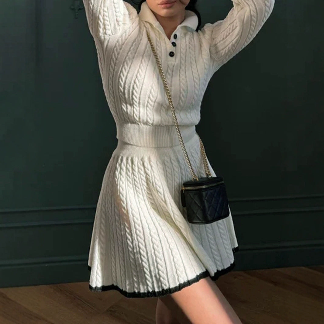 Women's Knit Sweater Long Sleeve Knot Short Skirt Set