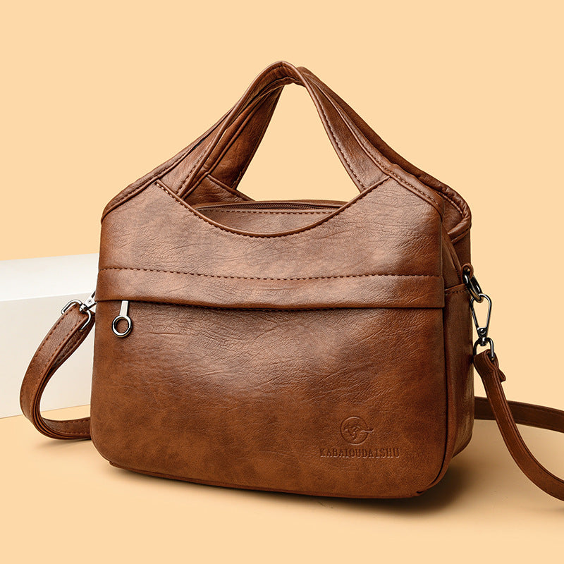 Retro-style Fashionable Patchwork-print Soft Leather Multi-compartment Tote Bag For Women