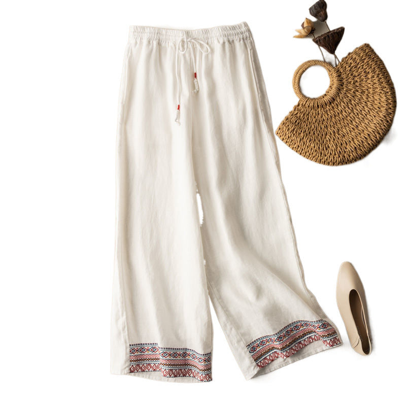 Draping Cotton And Linen Embroidered Wide-leg Pants