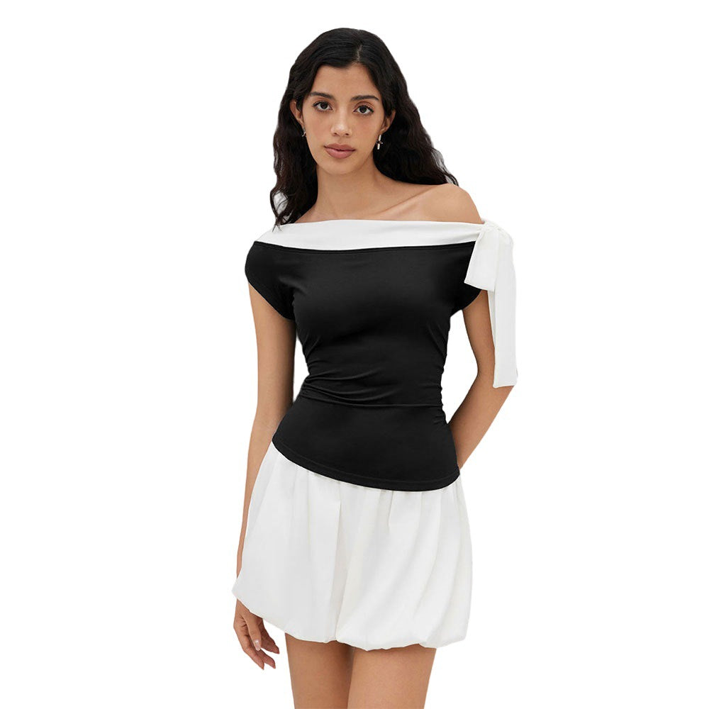 Womens Color-Block Slim-Fit Off-Shoulder Bow-Tie Neck Sleeveless Top