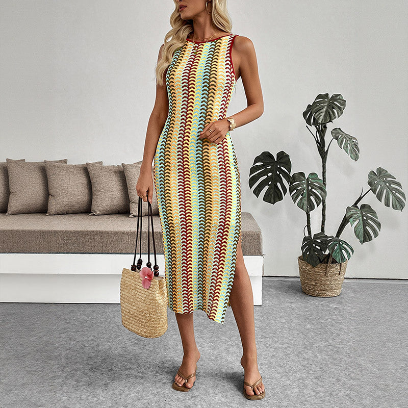 Color Striped Crocheted Round Neck Vest Sleeveless Dress