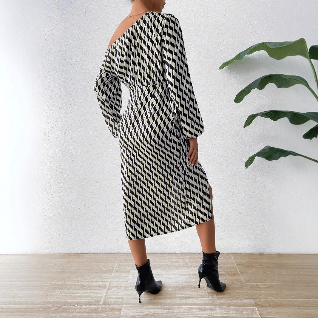 Summer Women's Waist Slant Shoulder Long Sleeve Striped Dress Long