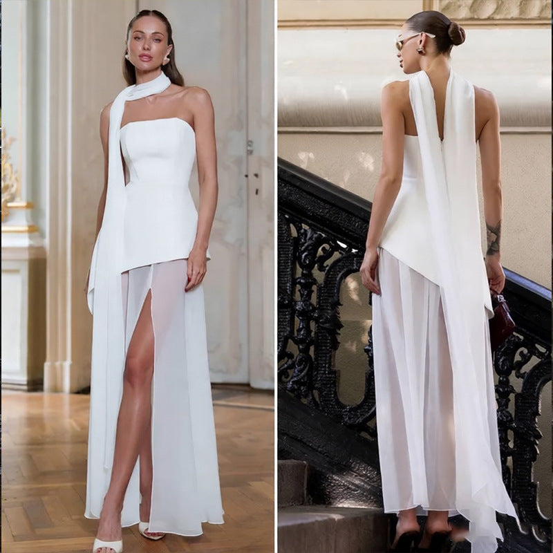 Solid-Color Strapless Dress With Fluttering Ties And A Slit