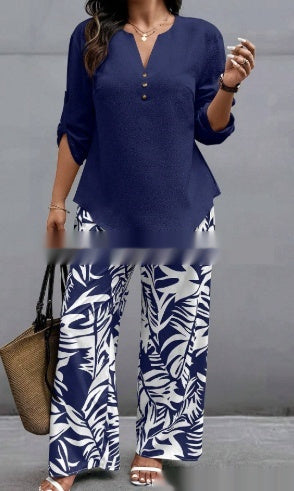 Ladies V-neck Shirt Tropical Plants Printed Pants Suit