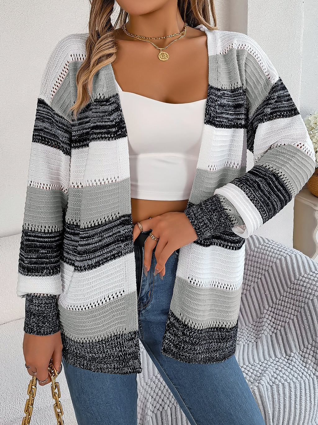 Casual Hollow Contrast Color Striped Lantern Sleeve Cardigan Sweater