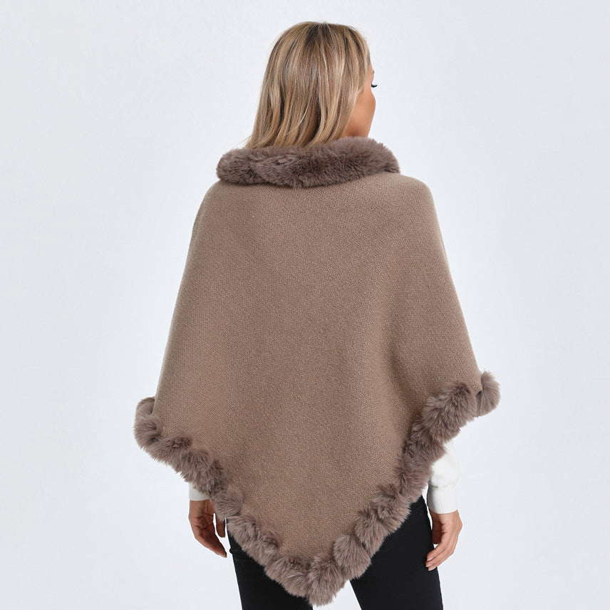 Fur Collar Oversized Knit Pullover Shawl Cloak