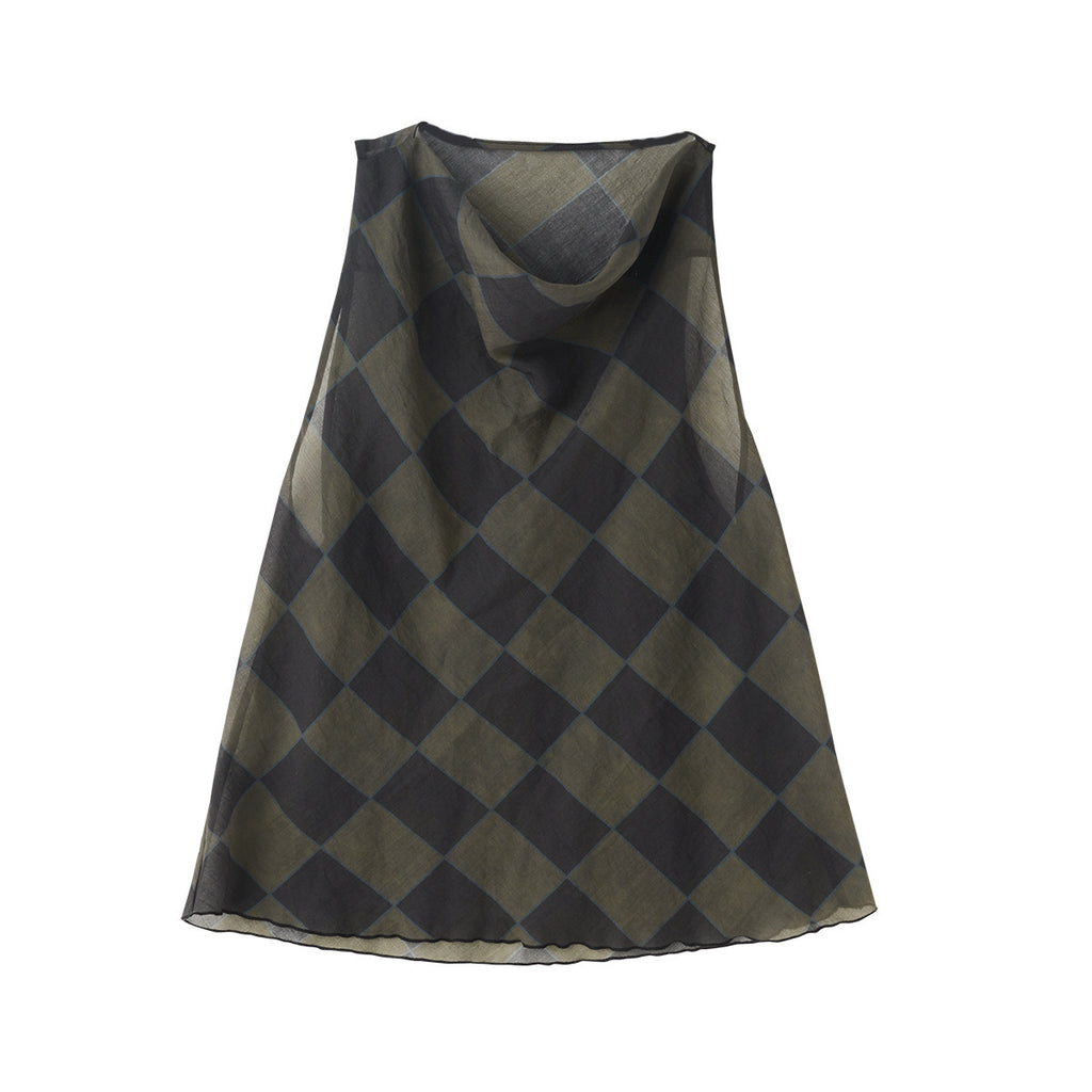 British Style Temperament Commute Style Draping Effect Plaid Sleeveless Top Rhombus Plaid Halter