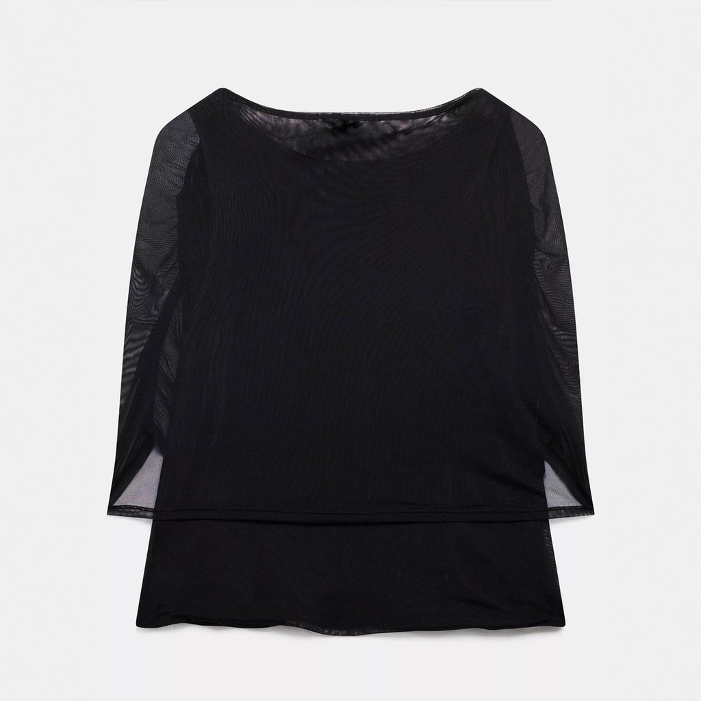 Solid Color Fashion Spliced Mesh Collar Slim And Versatile Commuter Top
