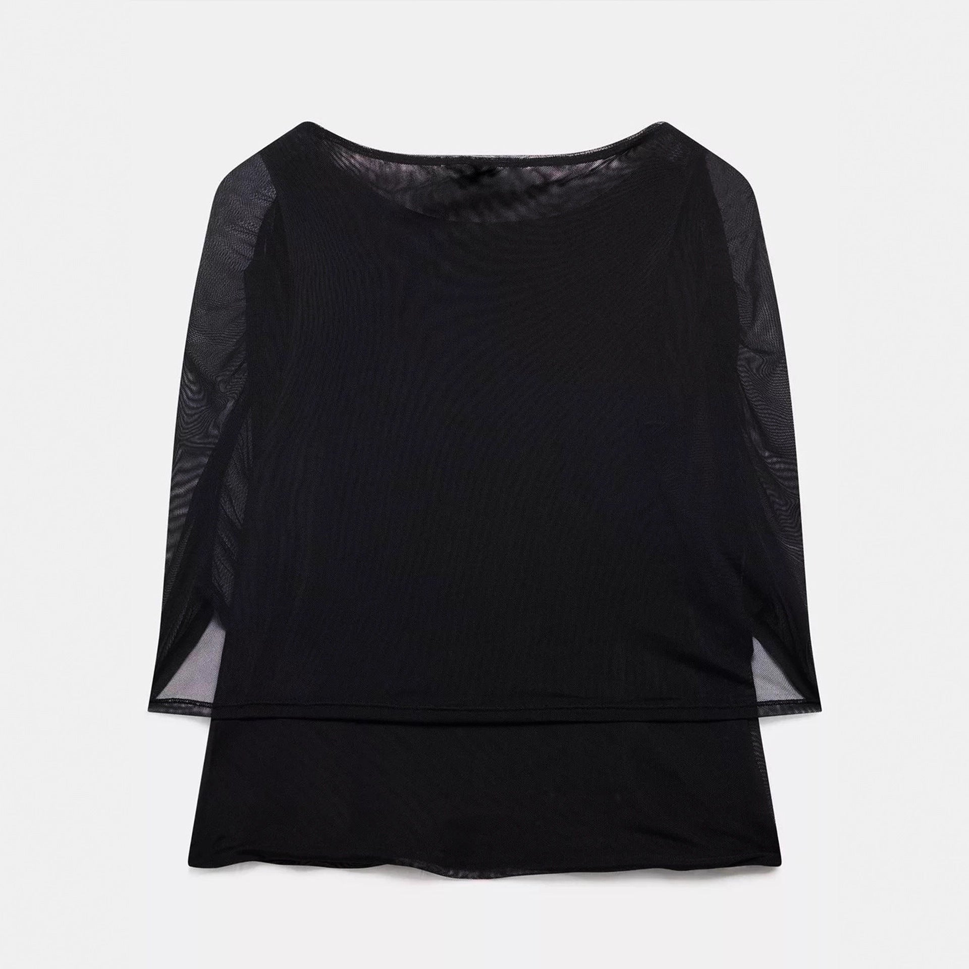 Solid Color Fashion Spliced Mesh Collar Slim And Versatile Commuter Top