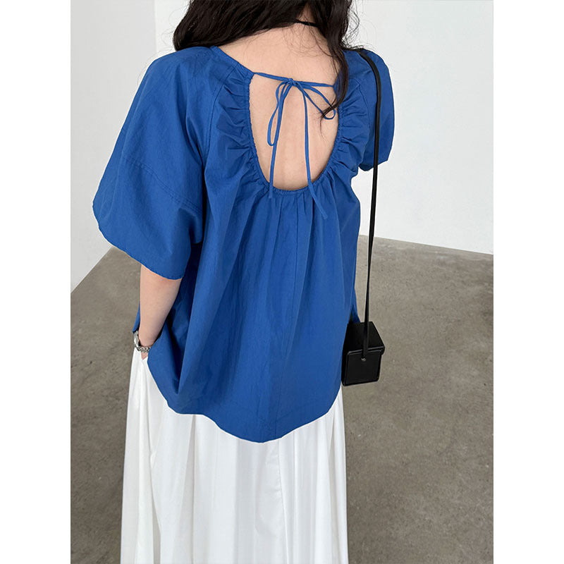 Korean Style Back Strap Backless Youthful Undershirt Pleated Round Neck