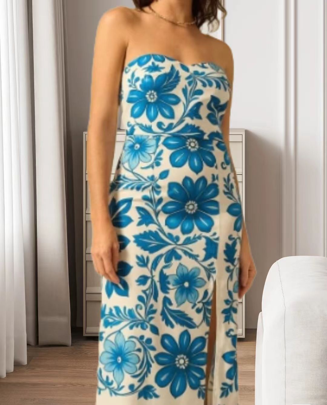 Printed Chest Wrap Slit Slim-fitting Dress