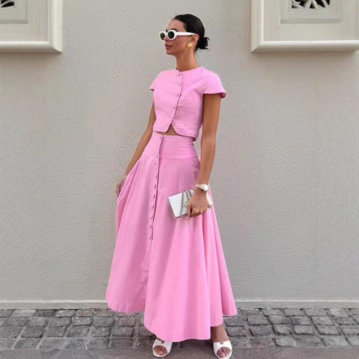 Solid-Color Buttoned Short-Sleeve Top And Flared Maxi Skirt Two-Piece Set