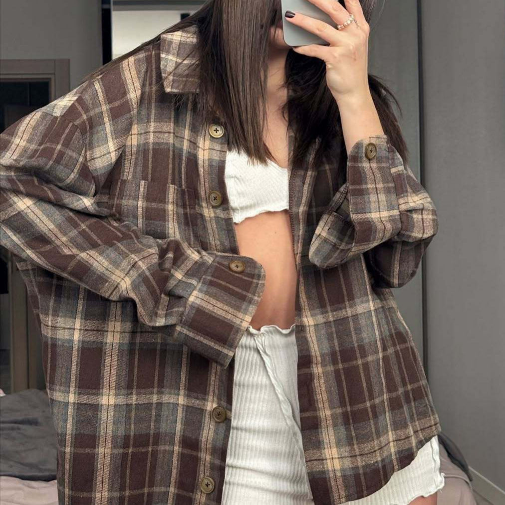 Design Sense Niche Loose Plaid Long Sleeve Shirt Coat
