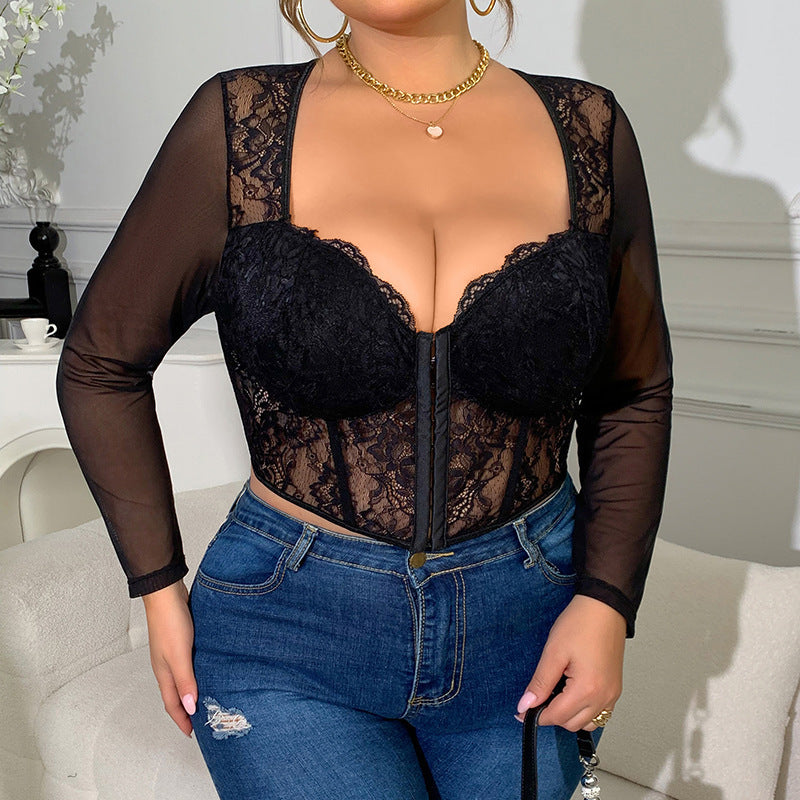 Plus Size Sexy Lace See-through Stitching New European And American Mesh Hot Girl Outer Wear Underwear Top