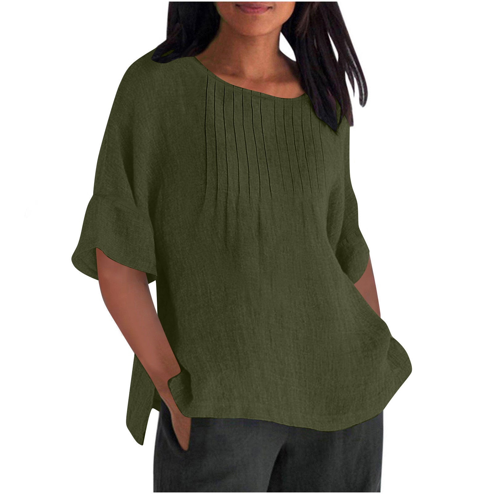 Three-quarter Sleeve Pleated Round Neck Cotton And Linen Shirt Top